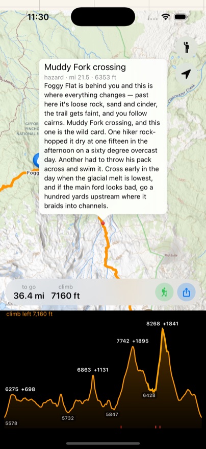 iPhone map with an open callout titled Muddy Fork crossing, labelled hazard, mile 21.5, 6,353 feet, describing loose rock and cairns past Foggy Flat, one hiker rock-hopping it dry and another having to throw his pack across and swim, and advice to cross early and look upstream.