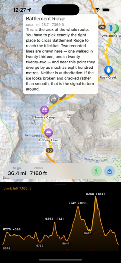 iPhone map of the off-trail Gap section showing a yellow dashed route past Rusk Creek and Avalanche Valley, with a callout for Battlement Ridge explaining that two recorded lines diverge by up to eight hundred metres and that broken ice is the signal to turn around.