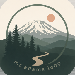 Mt Adams Loop app icon: Mount Adams behind a stand of firs, with a trail winding toward the summit.