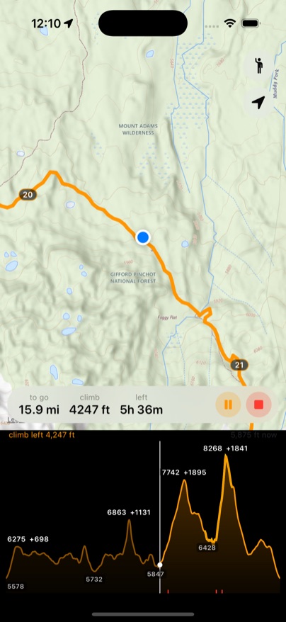 iPhone showing the topographic map with the route in orange, a blue position dot between mile 20 and 21 above Foggy Flat, and a bottom bar reading 15.9 miles to go, 4,247 feet of climb, 5 hours 36 minutes left.
