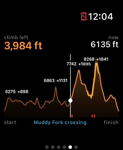 Apple Watch elevation profile with the walked portion dimmed, a marker at the current position, climb left 3,984 feet, now 6,135 feet, and Muddy Fork crossing labelled beneath.
