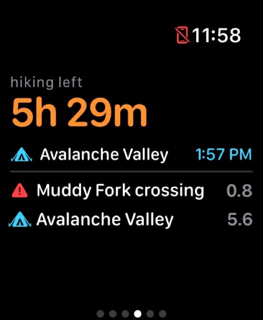 Apple Watch screen reading hiking left 5 hours 29 minutes, next stop Avalanche Valley at 1:57 PM, then a list showing Muddy Fork crossing at 0.8 miles and Avalanche Valley at 5.6 miles.